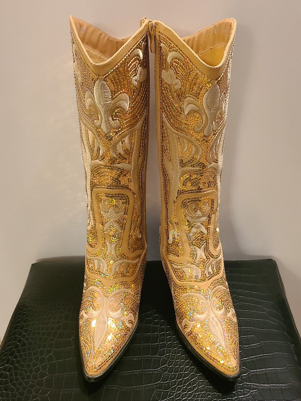 Helen's Heart Embellished Gold Sequins & Embroidered Western Knee-High Boots, 6